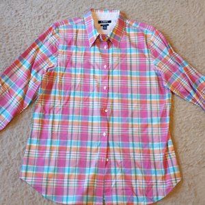 Chaps Plaid Print Quarter Sleeve Button Down Blouse